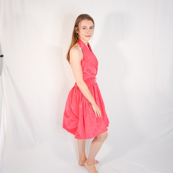 VINTAGE 90s Barbie Pink Taffeta Halter Flare Dress - Picture 3 of 7